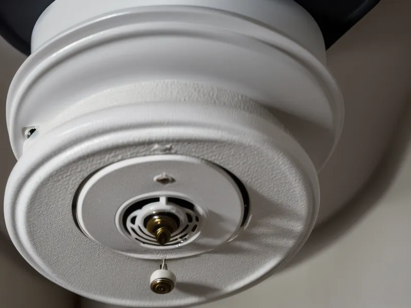 Close-up of a smart smoke detector being installed on an old plaster ceiling.
