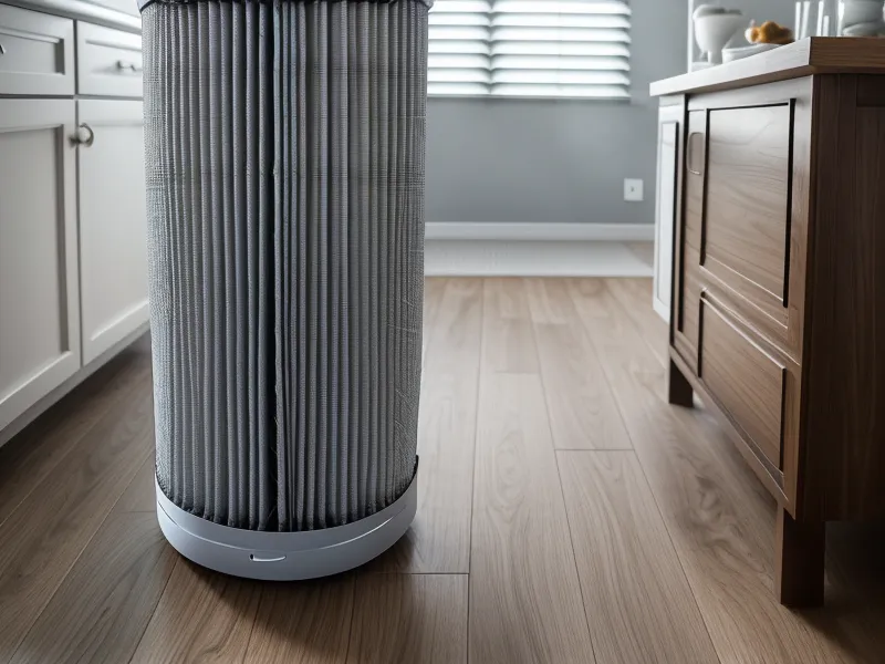 Close-up of a dirty HEPA filter filled with dog dander and dust.
