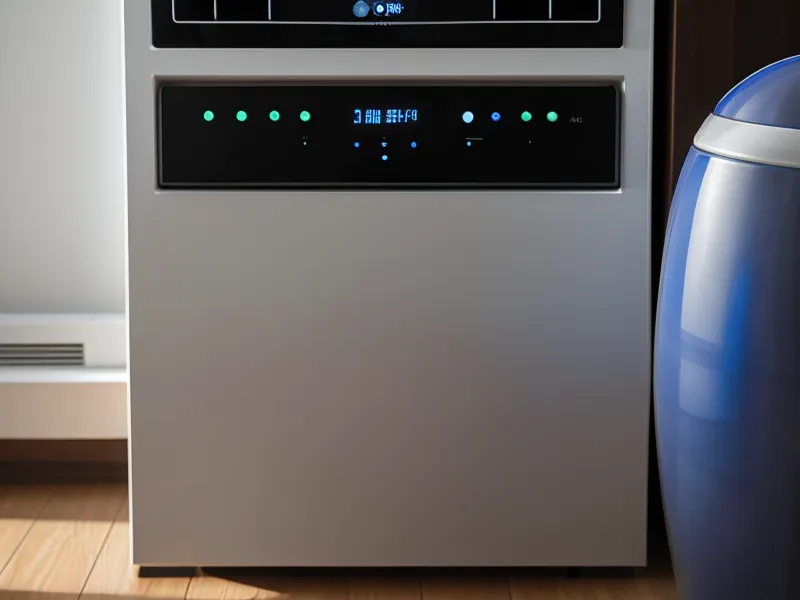 Control panel of the PuroAir HEPA 14 air purifier on hardwood floors.