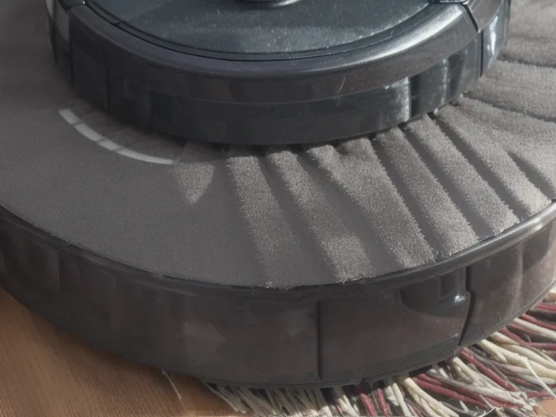 Close-up of a tangle-free rubber brush roll on a robot vacuum.