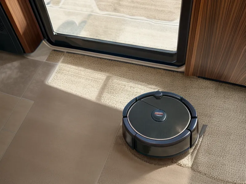 Close-up of a robot vacuum moving from hardwood floor onto thick plush carpet.