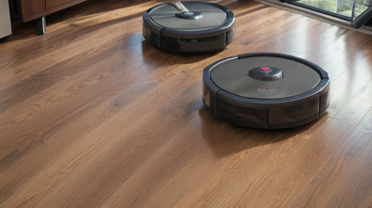 Robot vacuum comparison for a two-dog household showing pet hair and dustbin testing setup