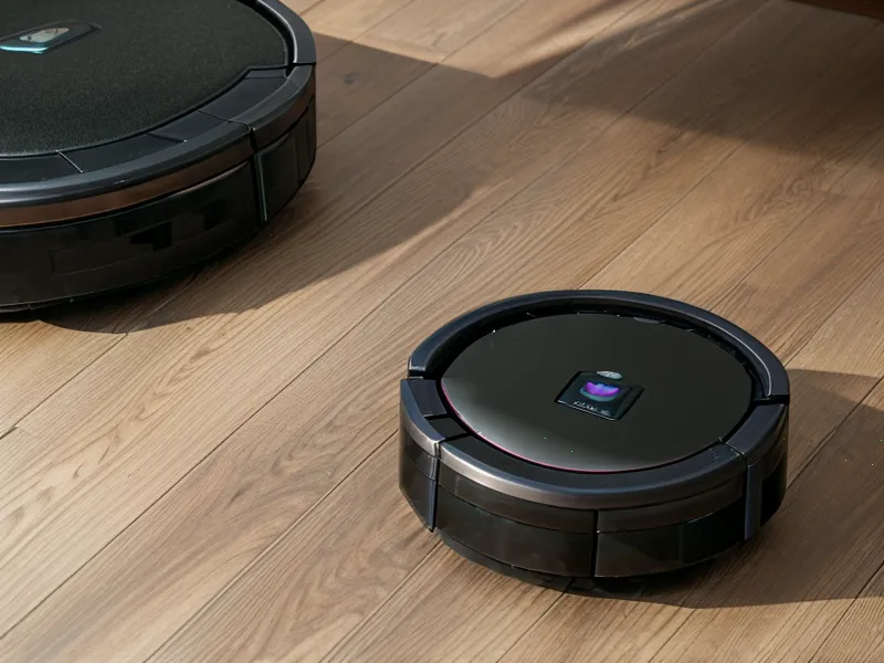 Close-up of a quiet robot vacuum cleaning near an office desk and a sleeping beagle.