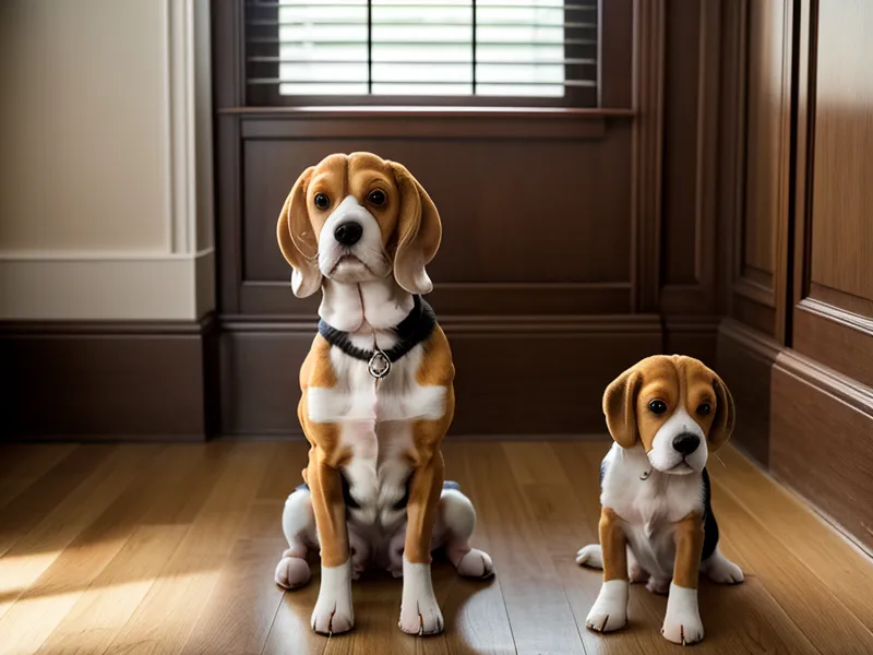 Senior beagle Beans looking at a robot vacuum dock in a bungalow hallway