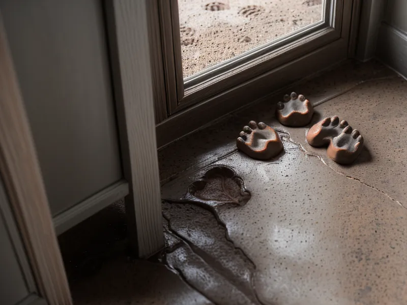 Close-up of dried mud paw prints on a kitchen tile floor