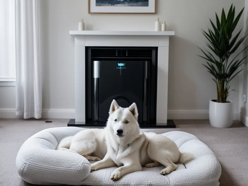 PuroAir HEPA 14 air purifier in a living room with a husky