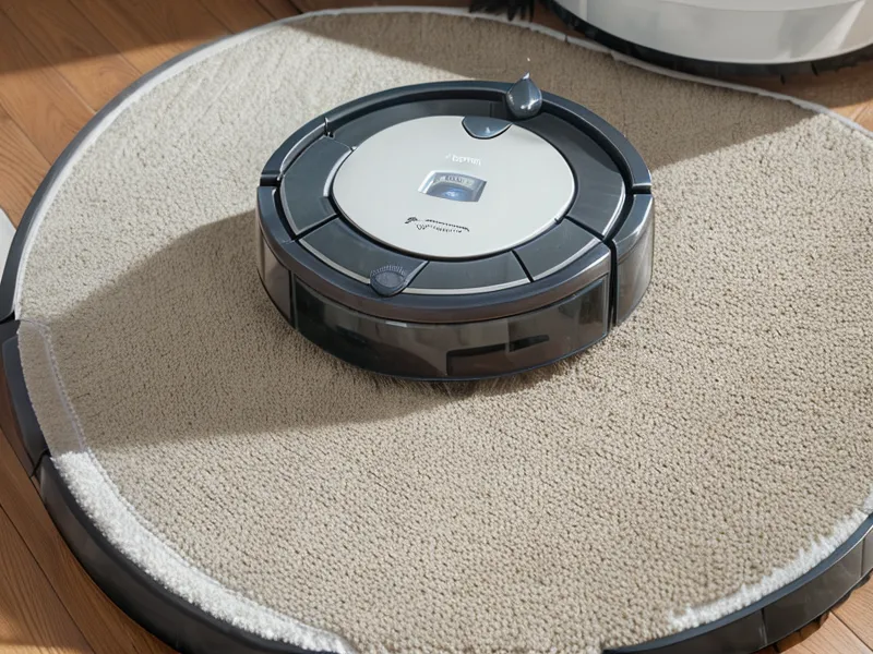 Close-up of robot vacuum mop pads scrubbing dried mud off oak hardwood flooring