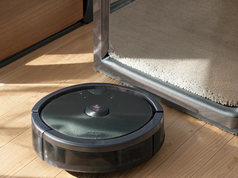 Robot vacuum mop arm extending to clean along craftsman baseboard trim on a hardwood floor