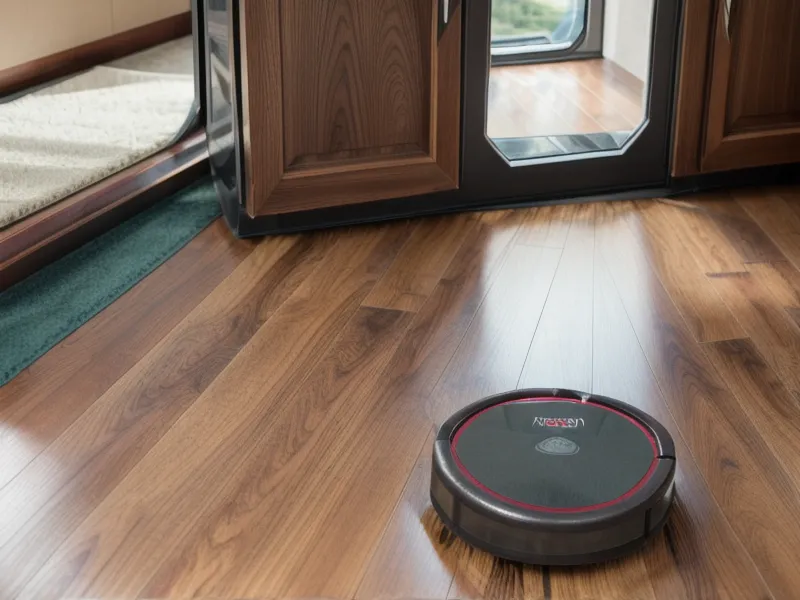 A person holding a smartphone showing a robot vacuum mapping app with a dog in the background.