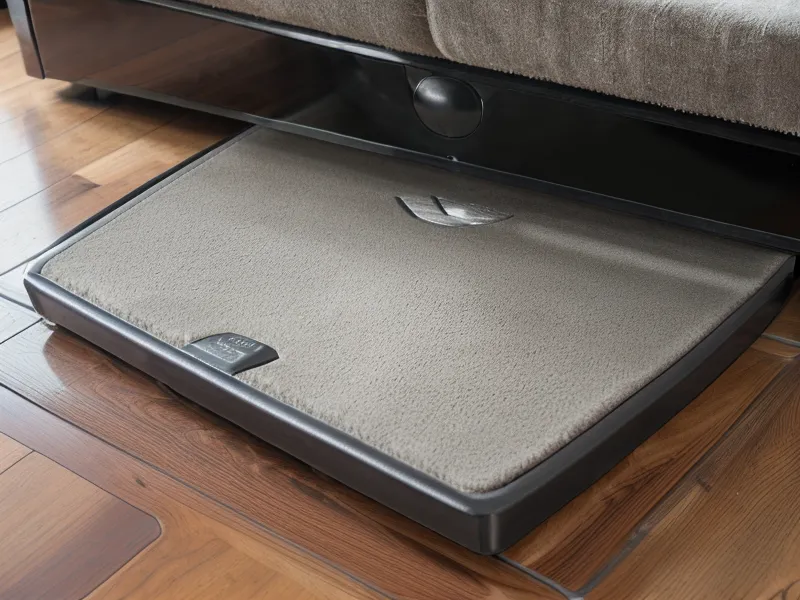 Close-up of a slim robot vacuum fitting under a low-profile sofa frame.