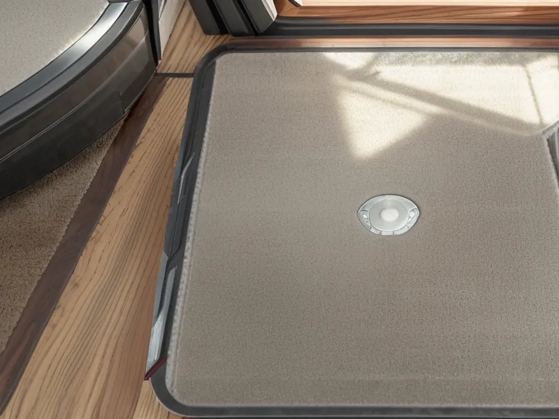 A square robot vacuum struggling to navigate between tight dining chair legs.