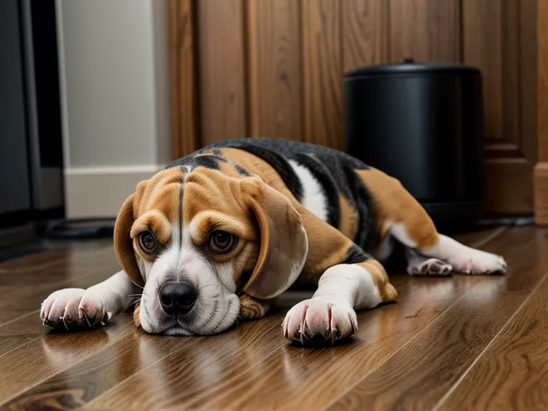 A senior beagle dog observing a robot vacuum dock in a craftsman home.