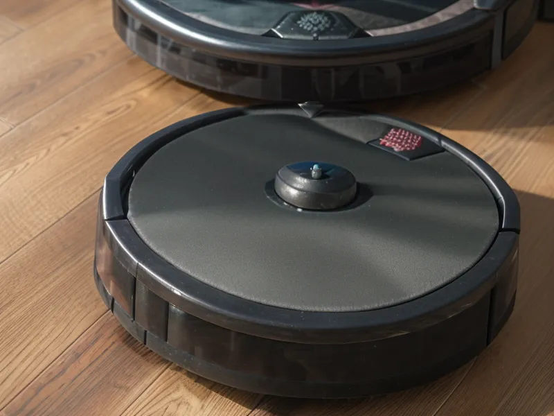 Close-up of a robot vacuum wheel struggling to cross a wooden floor transition strip.