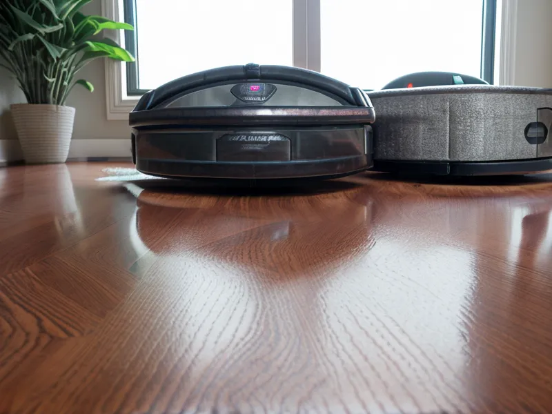 Smart home testing: robot vacuum steering around a chew toy and sneaker on the hallway runner rug