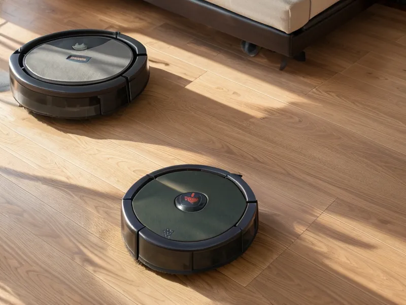 Robot vacuum navigating over a raised wood floor threshold near a dog bed