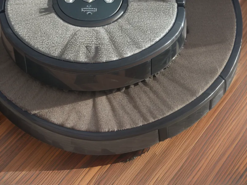 Underside of robot vacuum brush roller showing rubber fins and maintenance scissors
