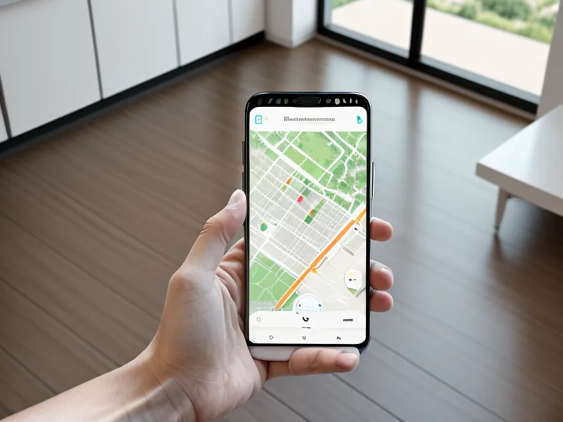 Hand holding a smartphone with a vacuum mapping app in a living room