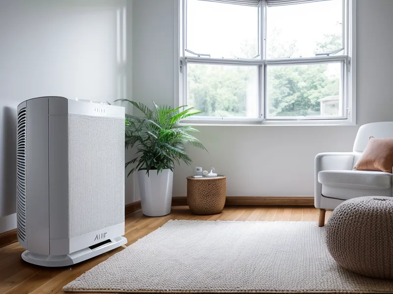 PuroAir air purifier in a craftsman living room with a beagle dog