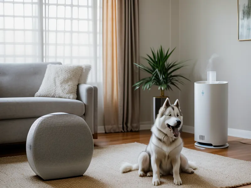 PuroAir HEPA 14 air purifier in a sunny living room with a husky in the background.