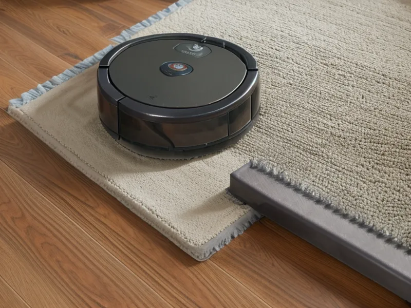 Close-up of a robot vacuum cleaning pet hair off a high-pile rug.
