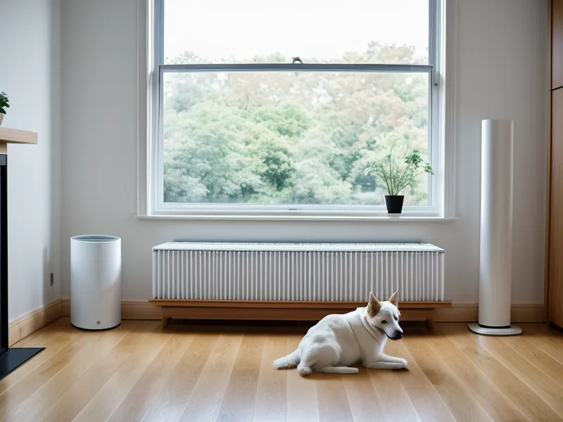 PuroAir HEPA 14 air purifier in a hallway with a dog sleeping nearby.