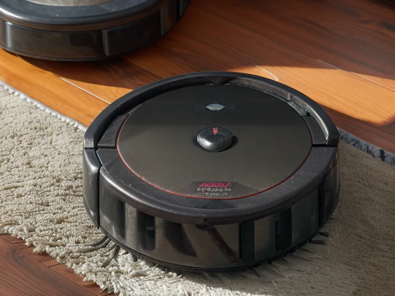 Close-up of a robot vacuum brush roll tangled with pet hair and a toy.