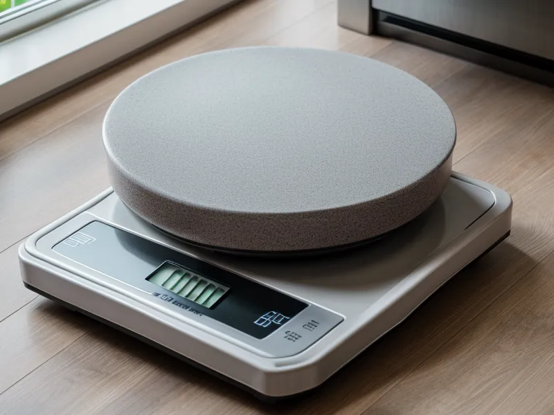 A robot vacuum dustbin being weighed on a kitchen scale to track pet hair.