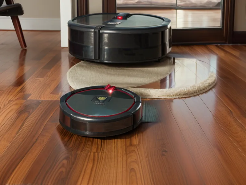 Robot vacuum using sensors to navigate around shoes on a hardwood floor.
