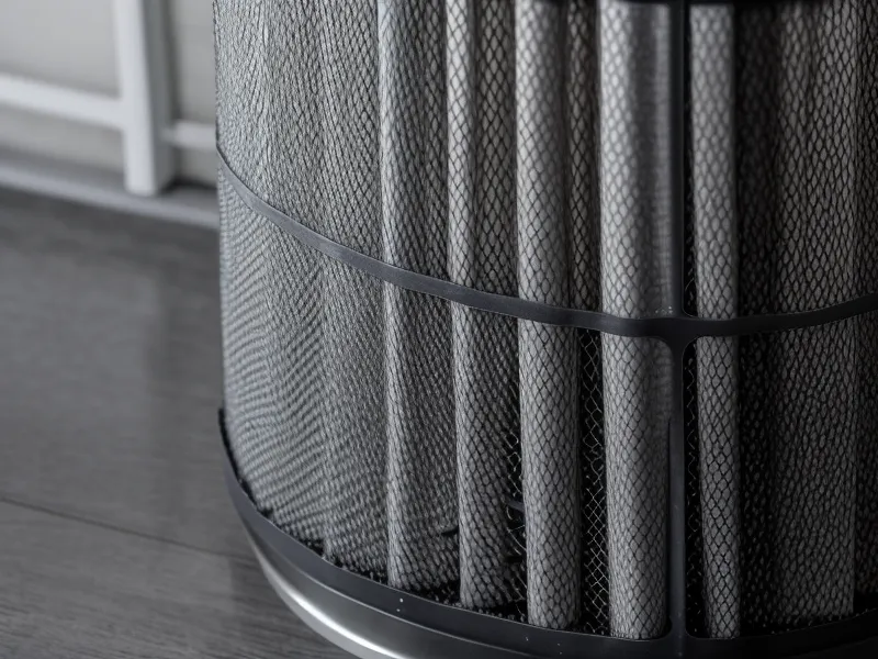 Close-up of pet dander on an air purifier filter next to a kitchen scale