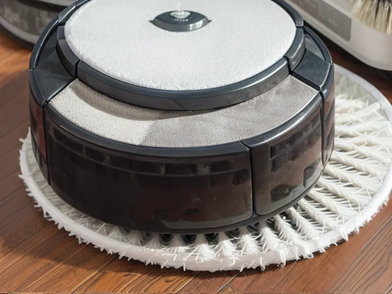 Close-up of robot vacuum brush tangled with husky hair and rug fringe.