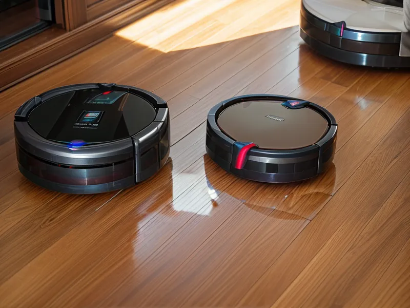 Robot vacuum sensor close-up with a beagle blurred in the background.