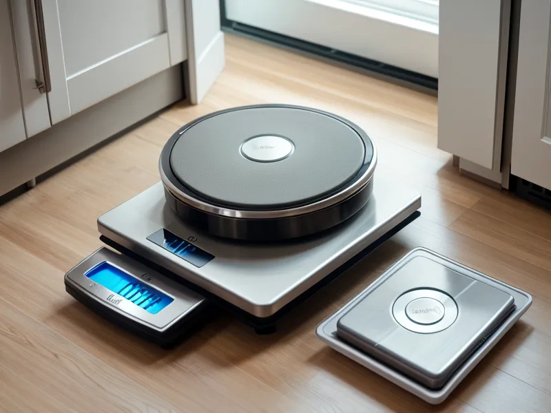 A robot vacuum dustbin filled with pet hair being weighed on a kitchen scale.