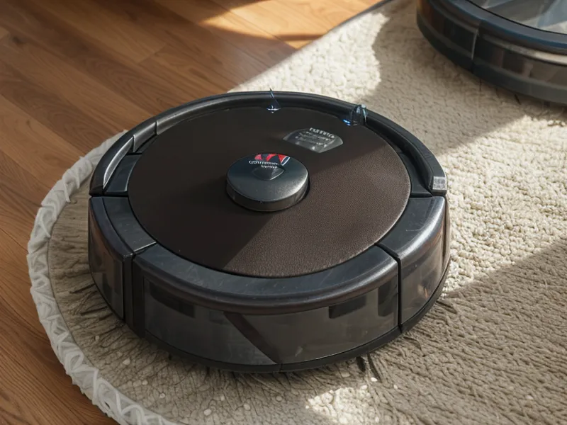 Pet hair tangled in a robot vacuum brushroll on a hardwood floor.