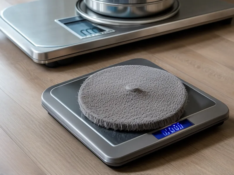 A kitchen scale weighing a large pile of dog hair from a robot vacuum.