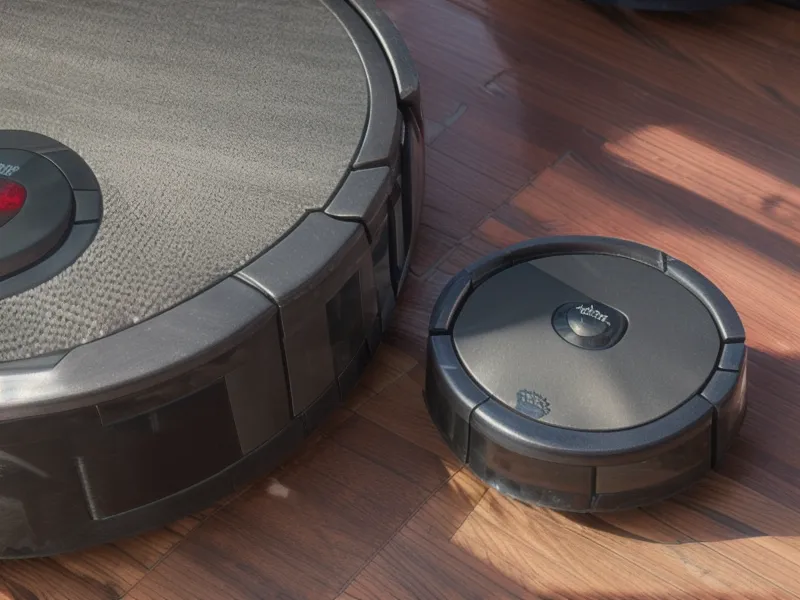 Close-up of a robot vacuum near a cast-iron floor register on hardwood.