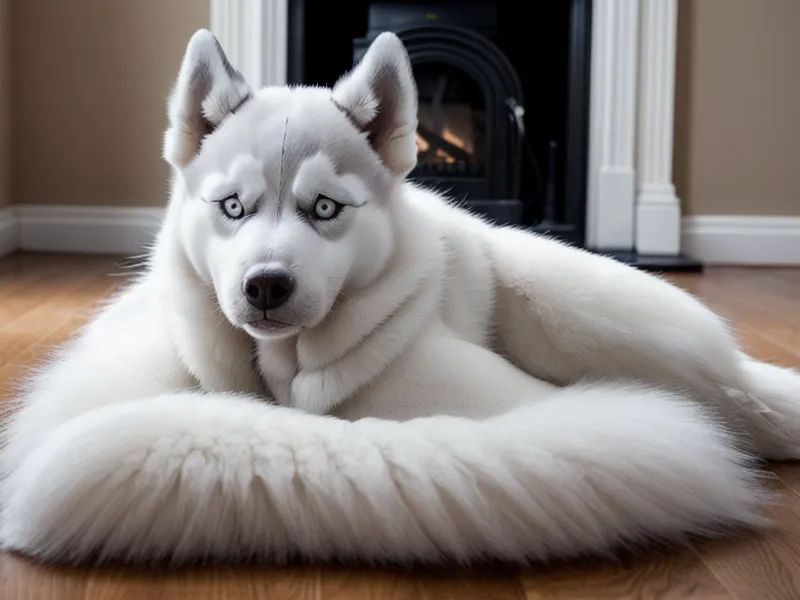 Husky dog hair gathered around a robot vacuum brush on dark wood floors.