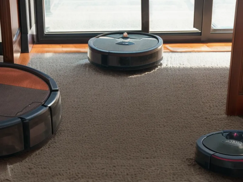 A robot vacuum trapped under a sectional sofa with a dog in the background.