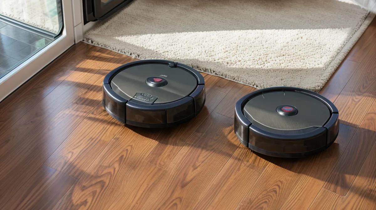 Roomba j7+ review: camera-based robot vacuum rolling past dog toys and household clutter on a hardwood floor