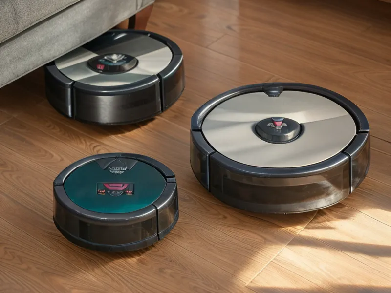 Close-up of robot vacuum sensors avoiding a dog toy on hardwood