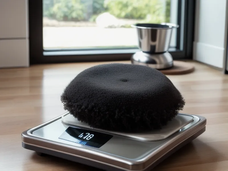Close-up of a robot vacuum dustbin filled with dog hair on a kitchen scale.