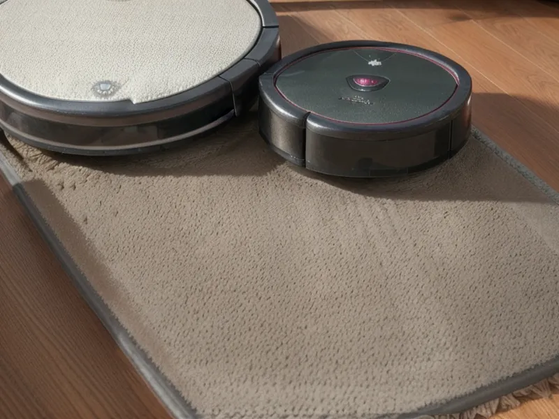 Robot vacuum lifting its mop pad as it moves onto a high-pile rug.