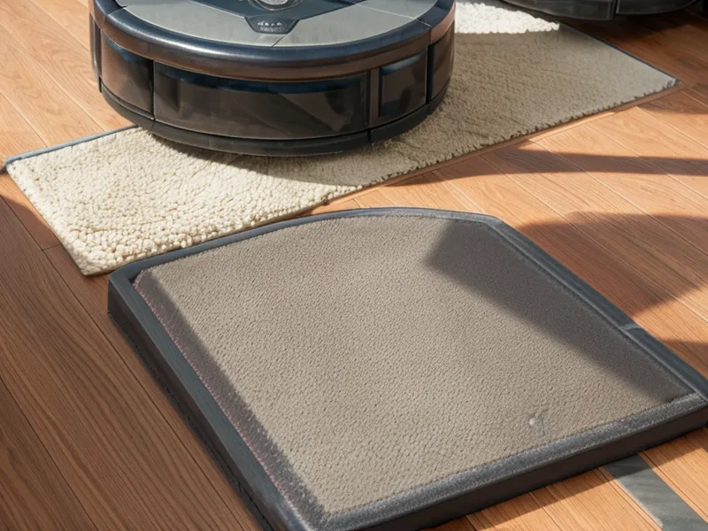Robot vacuum transitioning from hardwood to rug near a sleeping beagle