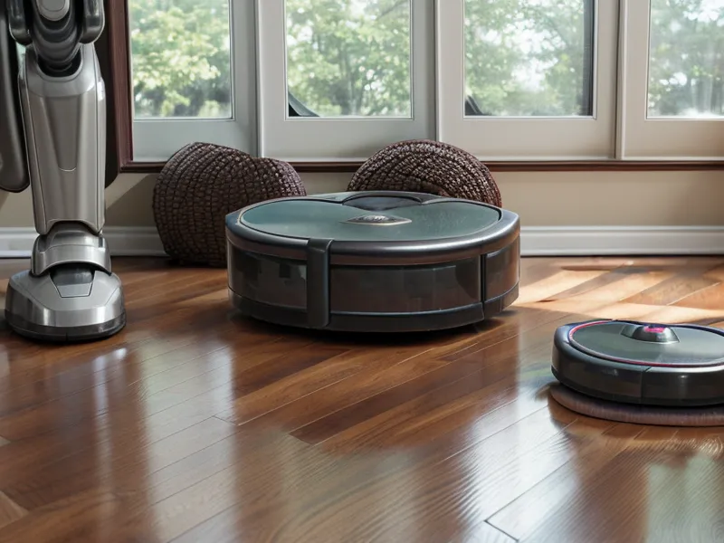 Close-up of robot vacuum wheels traversing a raised wood and brass doorway threshold