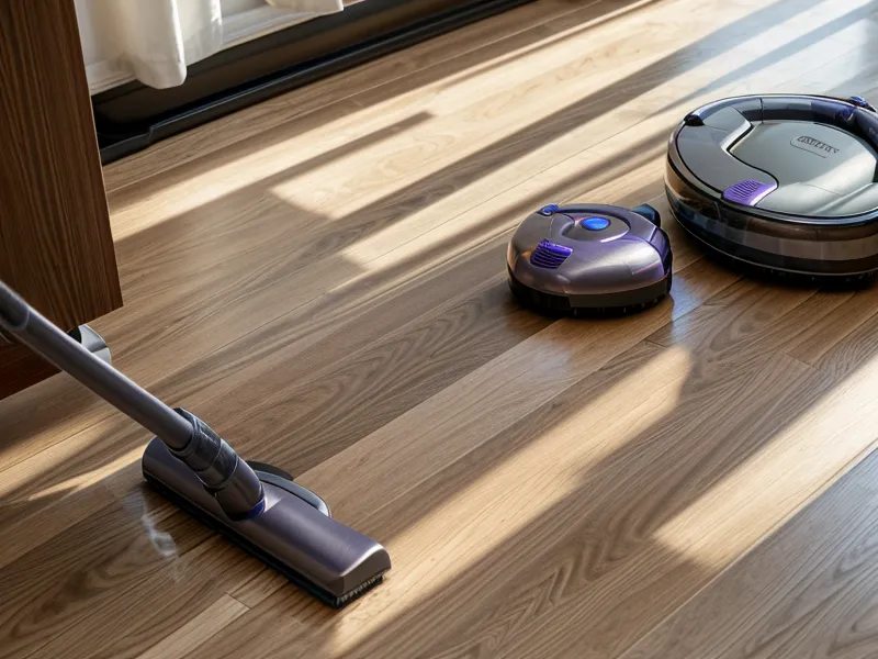 Robot vacuum cleaner navigating between wooden furniture legs in a dining room