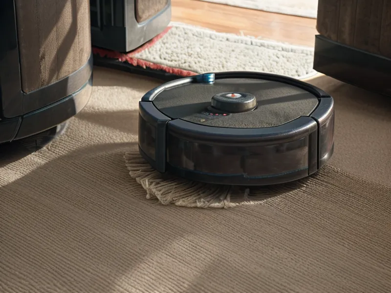 Close-up of a robot vacuum wheel stuck on a high wooden floor threshold.