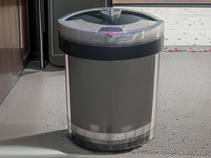 A robot vacuum dustbin filled with pet hair being weighed on a kitchen scale.