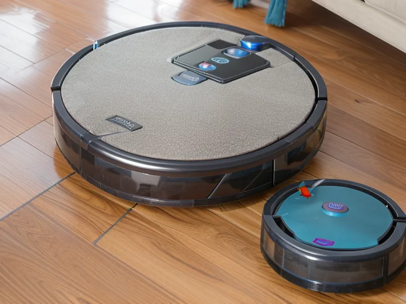 A simple bumper-style robot vacuum navigating around a wooden chair leg.