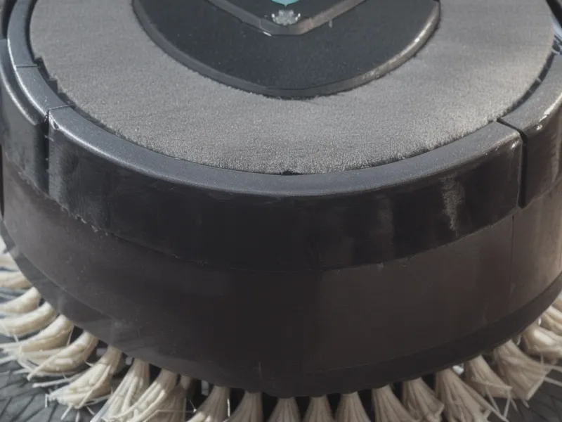 Close-up of husky hair tightly wound around the axle bearings of a robot vacuum brush.