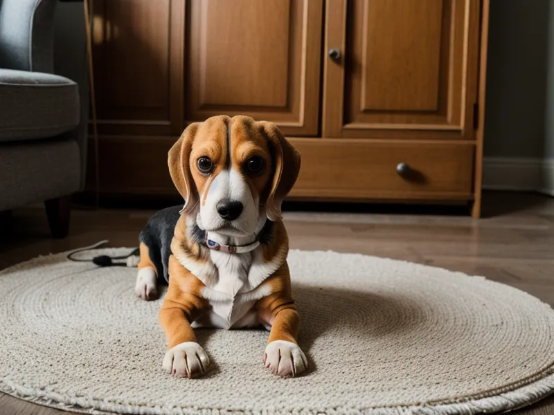 A senior beagle sitting still while a robot vacuum bumps into his side on a rug.